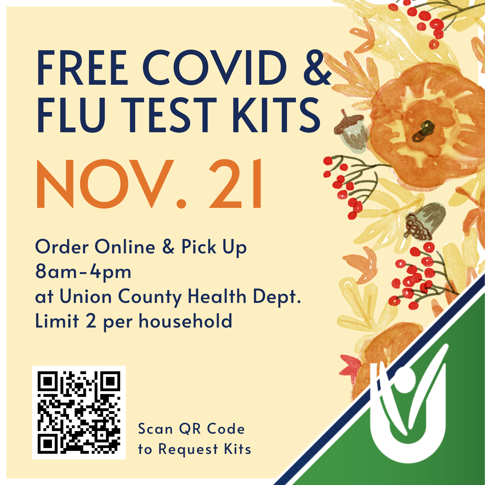 Graphic for free covid and flu test kit distribution on Nov. 21, 2025.